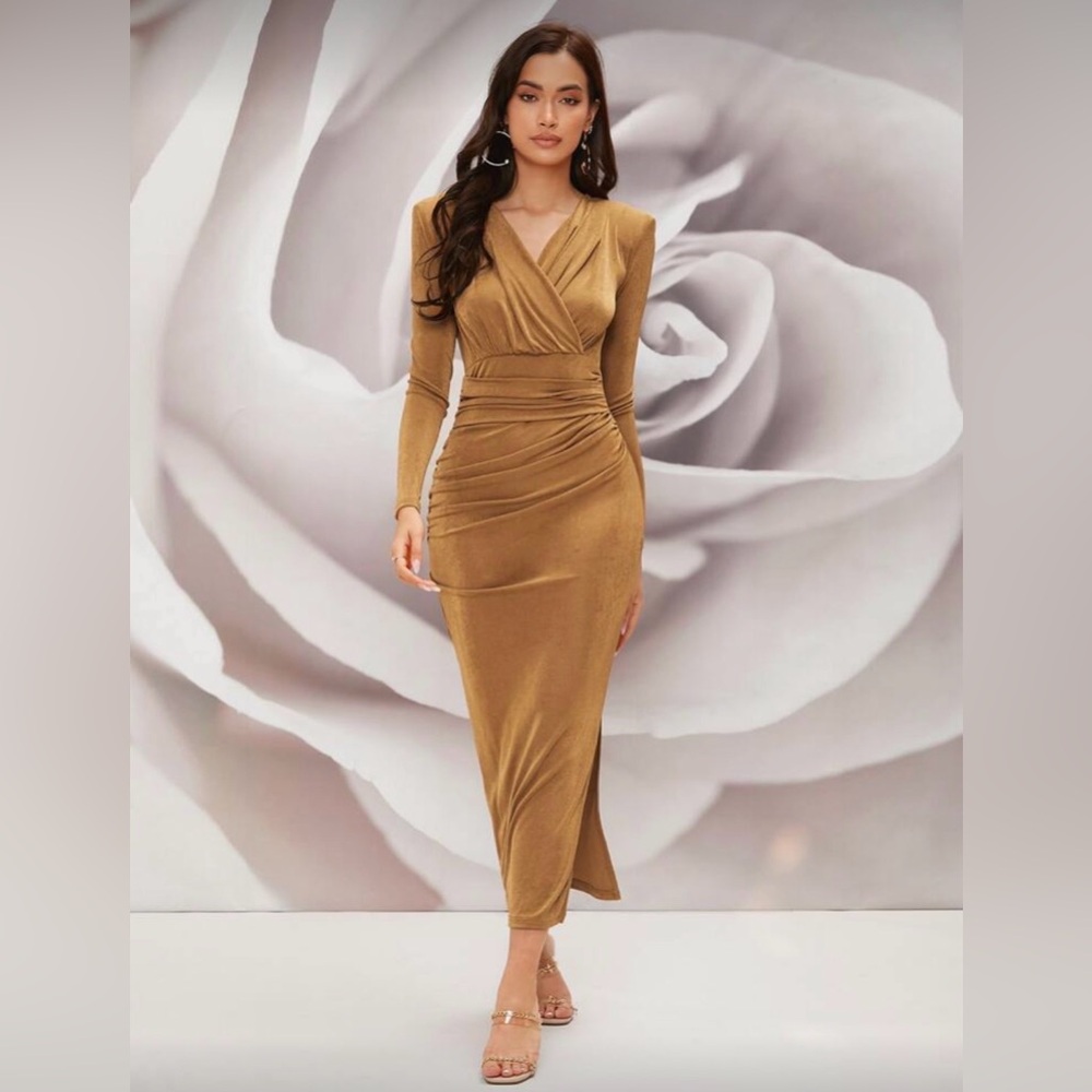 Gold Ruched Midi Dress | Size L
